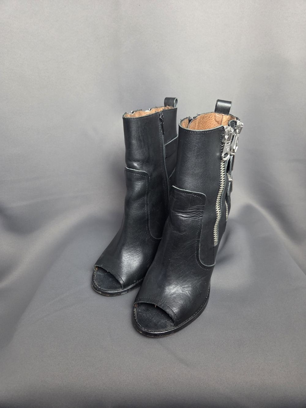 Sixtyseven Black Leather Open-Toe Ankle Boots with Side Zipper